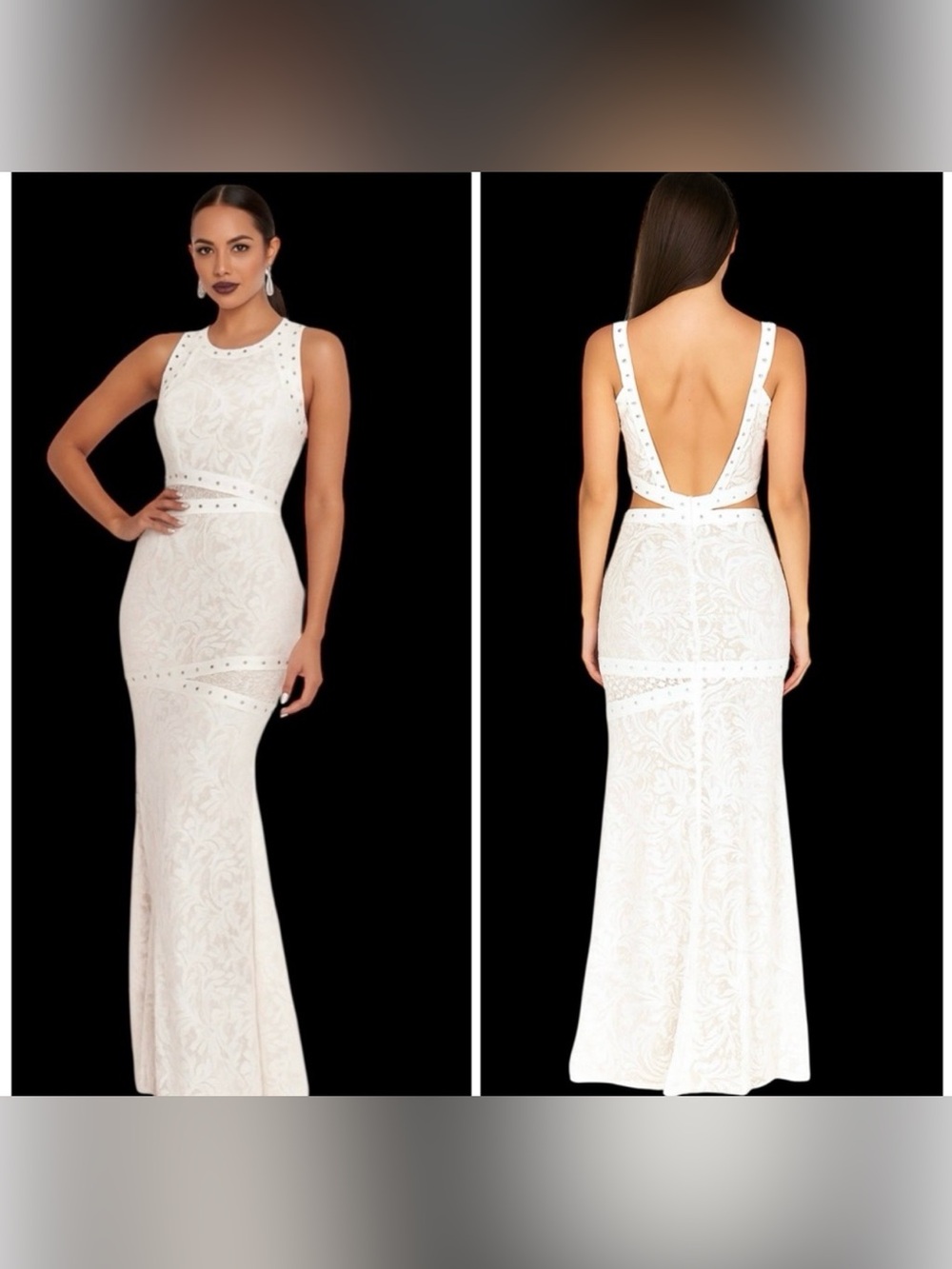 Elegant New - BCBGMaxAzria Off White “Dominique” Lace Studded  Maxi Length Dress